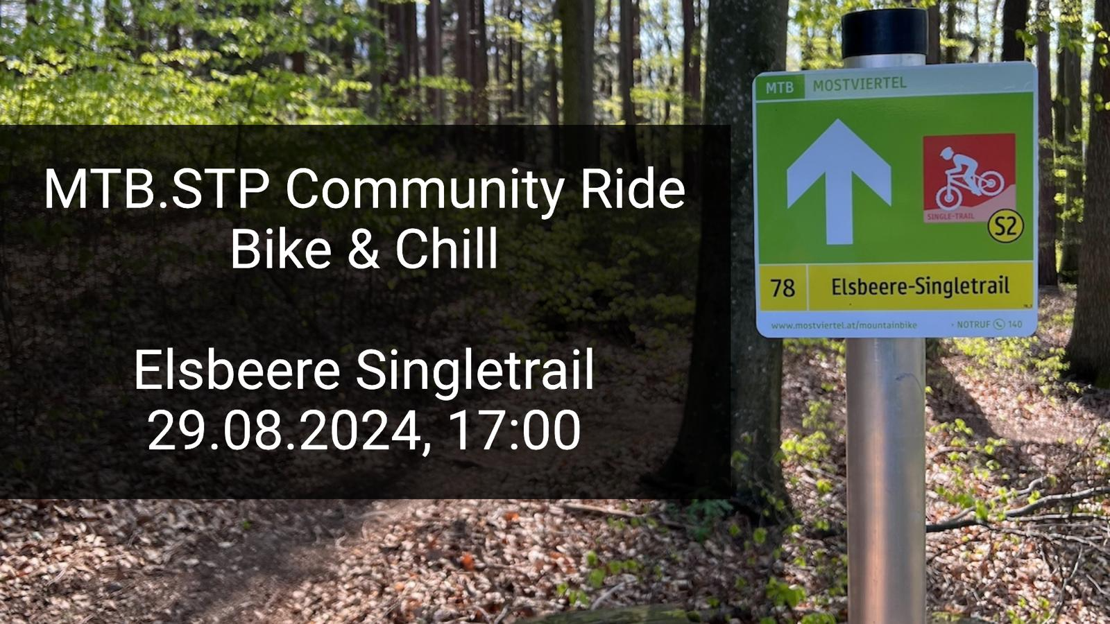 Informationen zum Community Ride Bike & Chill: Veranstaltungstitel und Datum auf Hintergrundbild, das den Elsbeere Singletrail und ein Trail-Hinweisschild zeigt