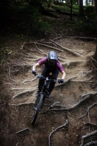 Auf wurzeligem Untergrund fährt eine Person mit dem Mountainbike bergab